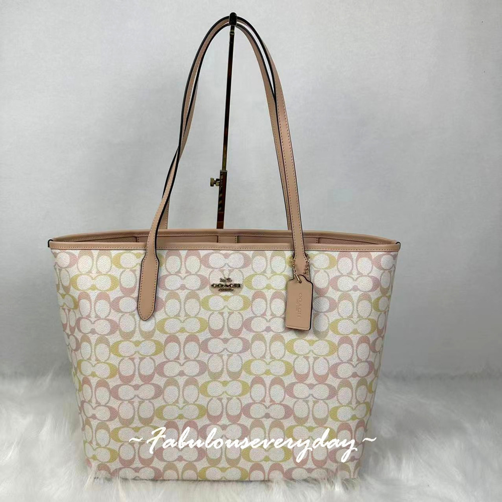 Coach City Tote Bag Shoulder Bag In Signature Canvas Gold/Chalk/Pink CDZ04 NWT